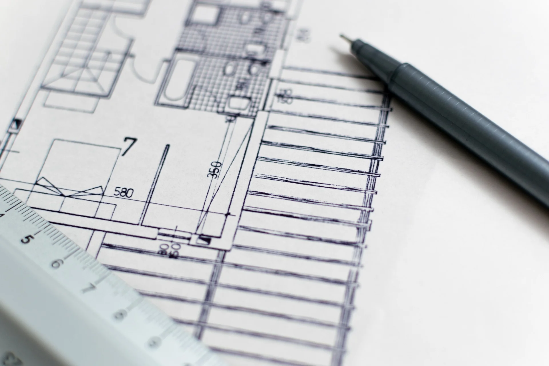 Building services drawing with pen and ruler